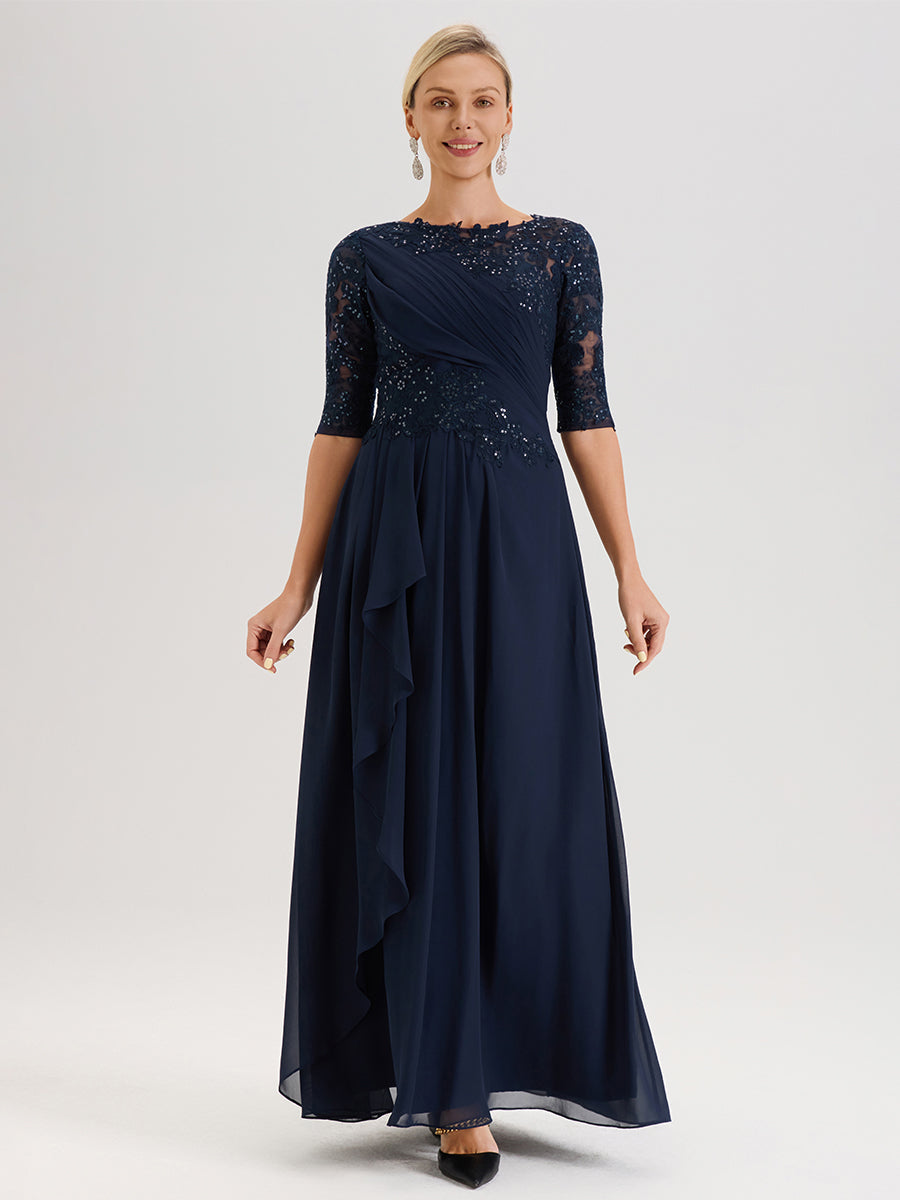 Cicinia Bleu Marine Robe Mère De La Mariée Col Ras Du Cou À Demi-Manches Trapèze En Mousseline Et Dentelle Longueur Au Sol