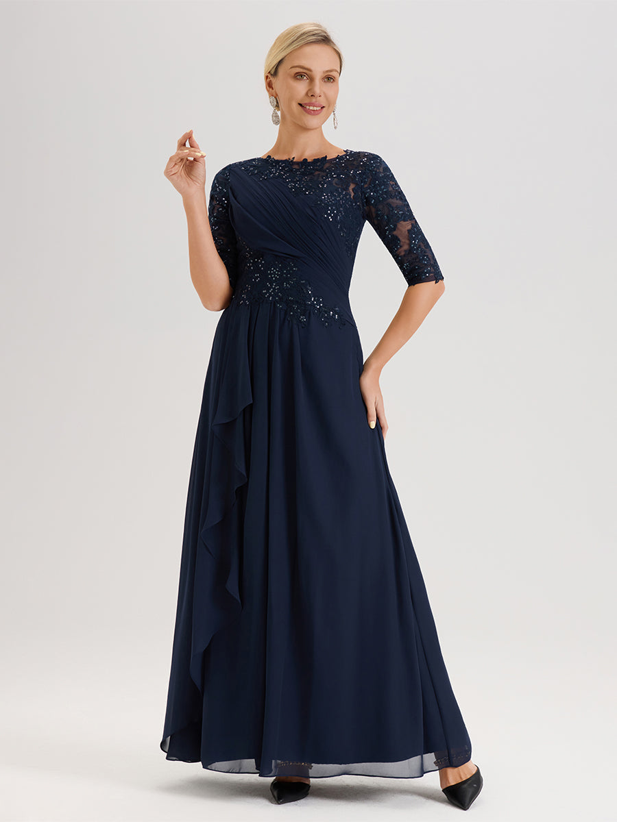 Cicinia Bleu Marine Robe Mère De La Mariée Col Ras Du Cou À Demi-Manches Trapèze En Mousseline Et Dentelle Longueur Au Sol