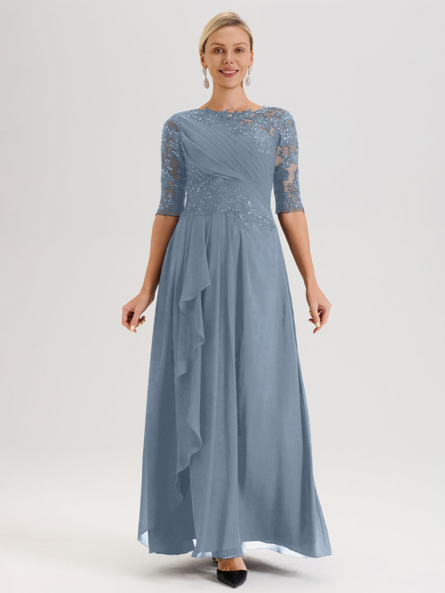 Cicinia Bleu Poudré Robe Mère De La Mariée Col Ras Du Cou À Demi-Manches Trapèze En Mousseline Et Dentelle Longueur Au Sol