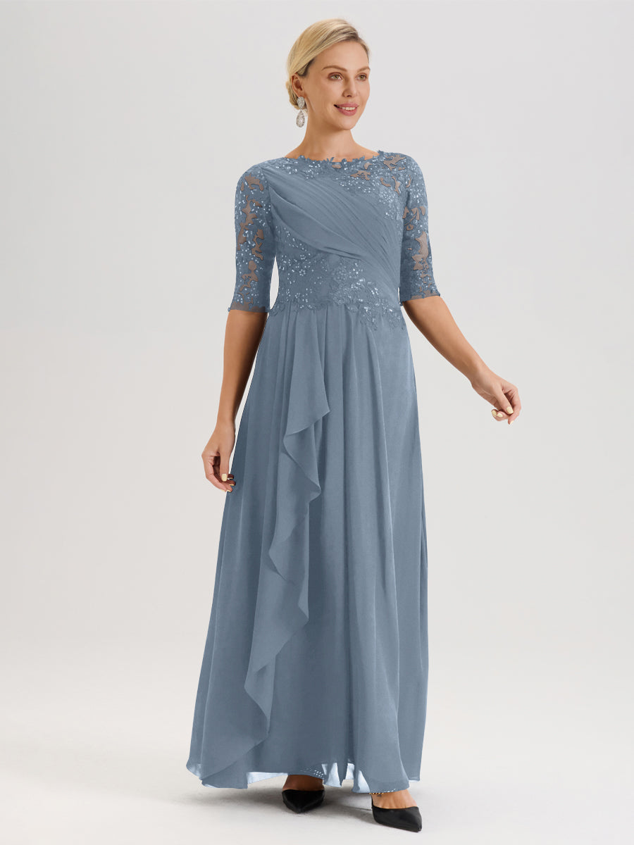 Cicinia Bleu Poudré Robe Mère De La Mariée Col Ras Du Cou À Demi-Manches Trapèze En Mousseline Et Dentelle Longueur Au Sol