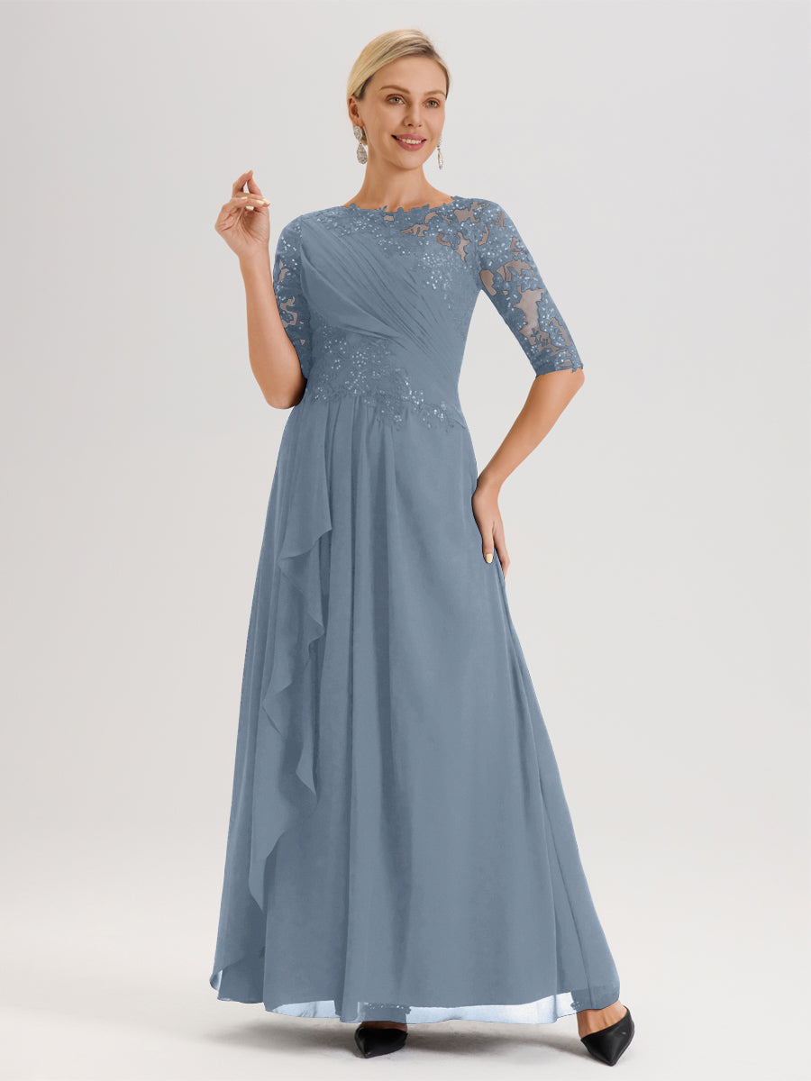 Cicinia Bleu Poudré Robe Mère De La Mariée Col Ras Du Cou À Demi-Manches Trapèze En Mousseline Et Dentelle Longueur Au Sol