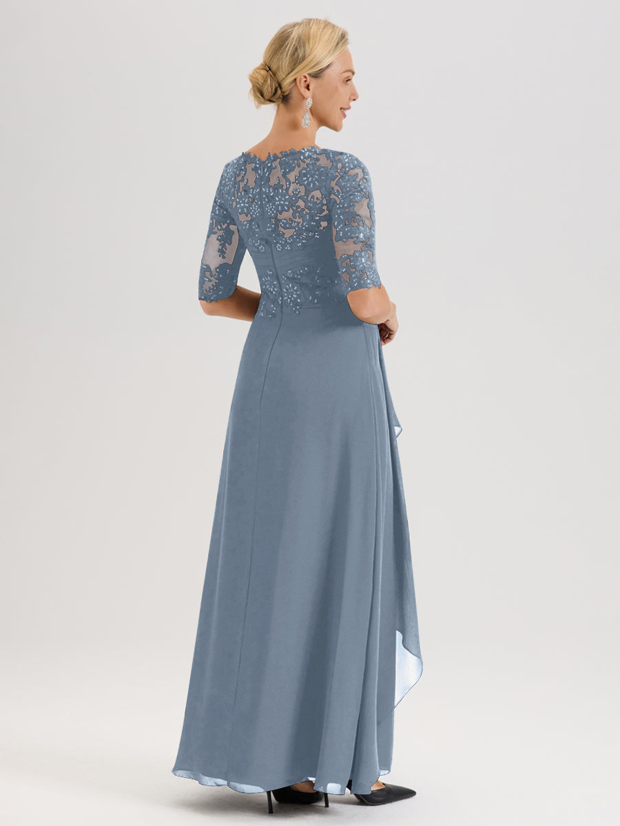 Cicinia Bleu Poudré Robe Mère De La Mariée Col Ras Du Cou À Demi-Manches Trapèze En Mousseline Et Dentelle Longueur Au Sol