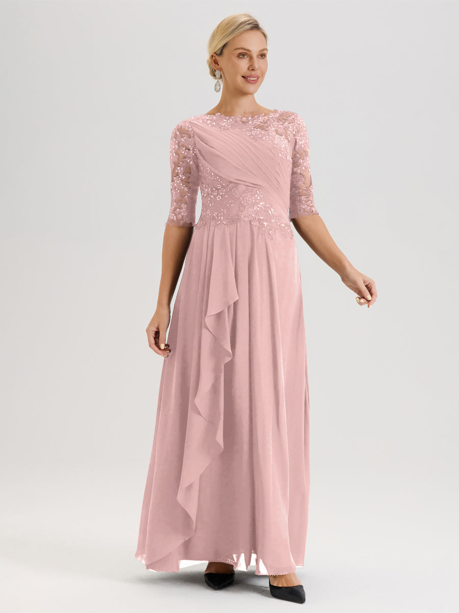Cicinia Rose Poudré Robe Mère De La Mariée Col Ras Du Cou À Demi-Manches Trapèze En Mousseline Et Dentelle Longueur Au Sol