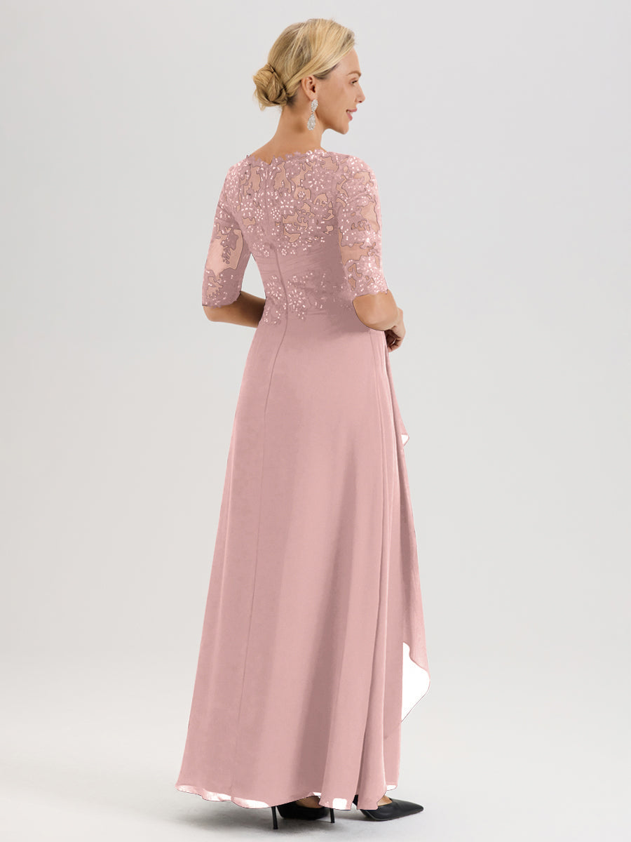 Cicinia Rose Poudré Robe Mère De La Mariée Col Ras Du Cou À Demi-Manches Trapèze En Mousseline Et Dentelle Longueur Au Sol