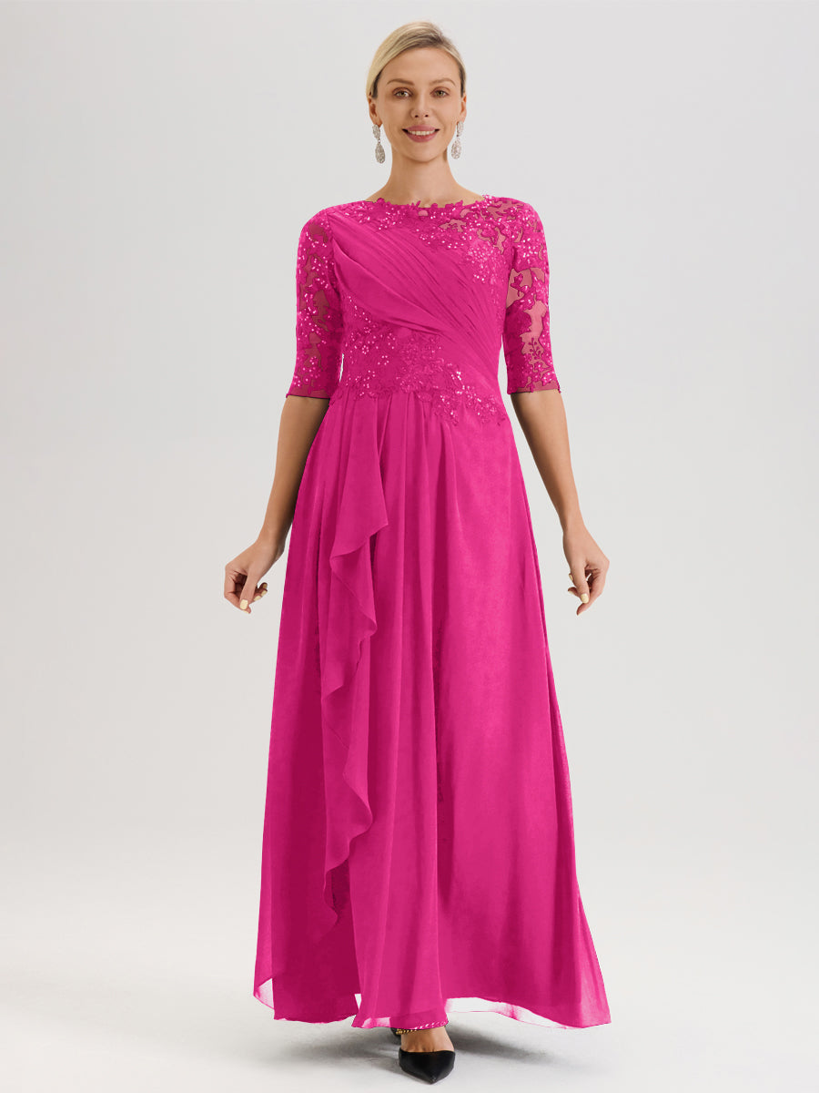 Cicinia Fuchsia Robe Mère De La Mariée Col Ras Du Cou À Demi-Manches Trapèze En Mousseline Et Dentelle Longueur Au Sol