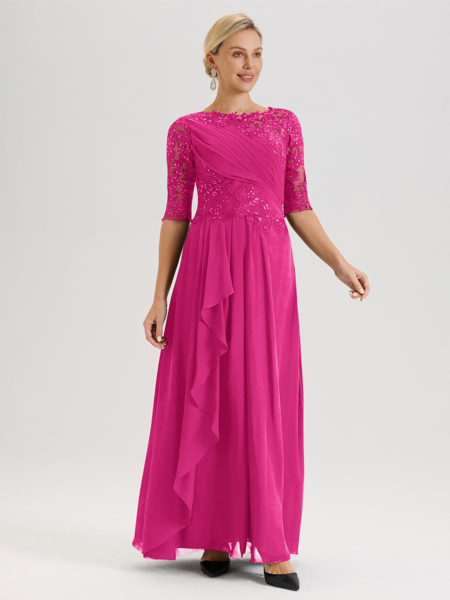 Cicinia Fuchsia Robe Mère De La Mariée Col Ras Du Cou À Demi-Manches Trapèze En Mousseline Et Dentelle Longueur Au Sol