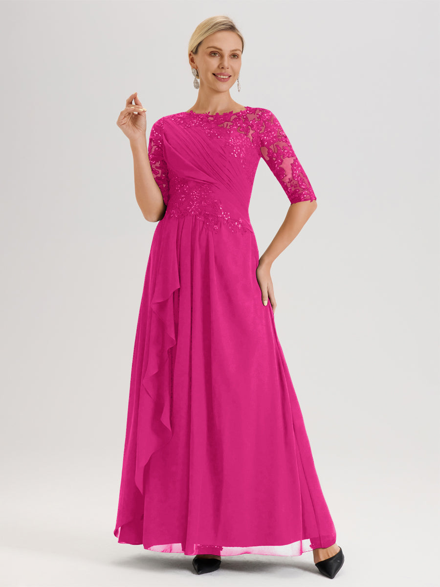 Cicinia Fuchsia Robe Mère De La Mariée Col Ras Du Cou À Demi-Manches Trapèze En Mousseline Et Dentelle Longueur Au Sol
