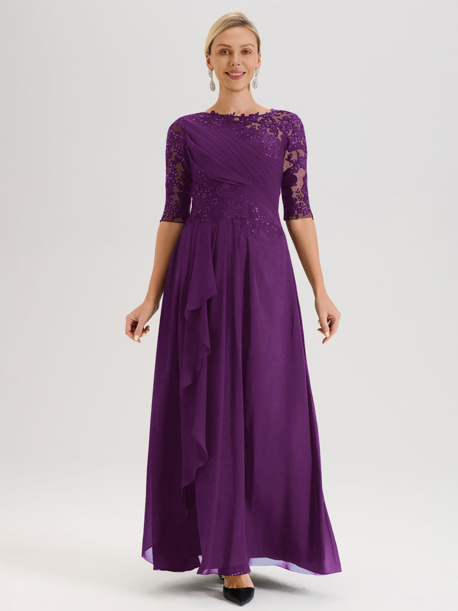 Cicinia Raisin Robe Mère De La Mariée Col Ras Du Cou À Demi-Manches Trapèze En Mousseline Et Dentelle Longueur Au Sol