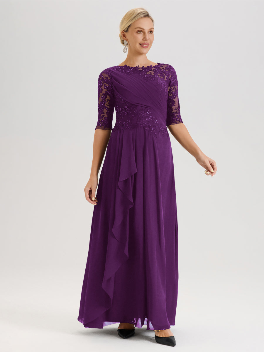 Cicinia Raisin Robe Mère De La Mariée Col Ras Du Cou À Demi-Manches Trapèze En Mousseline Et Dentelle Longueur Au Sol