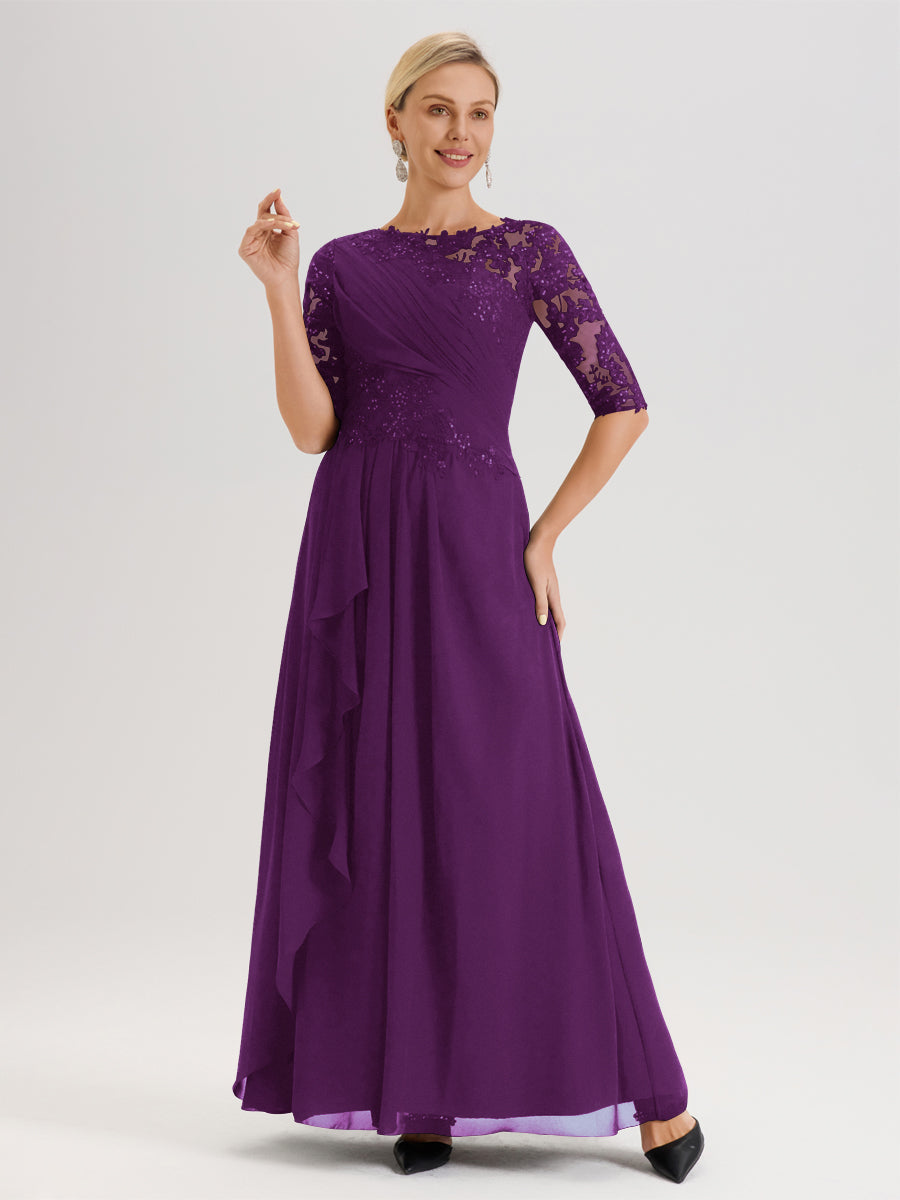 Cicinia Raisin Robe Mère De La Mariée Col Ras Du Cou À Demi-Manches Trapèze En Mousseline Et Dentelle Longueur Au Sol