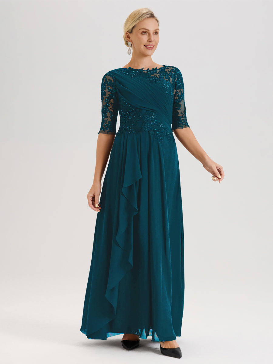 Cicinia Bleu Encre Robe Mère De La Mariée Col Ras Du Cou À Demi-Manches Trapèze En Mousseline Et Dentelle Longueur Au Sol