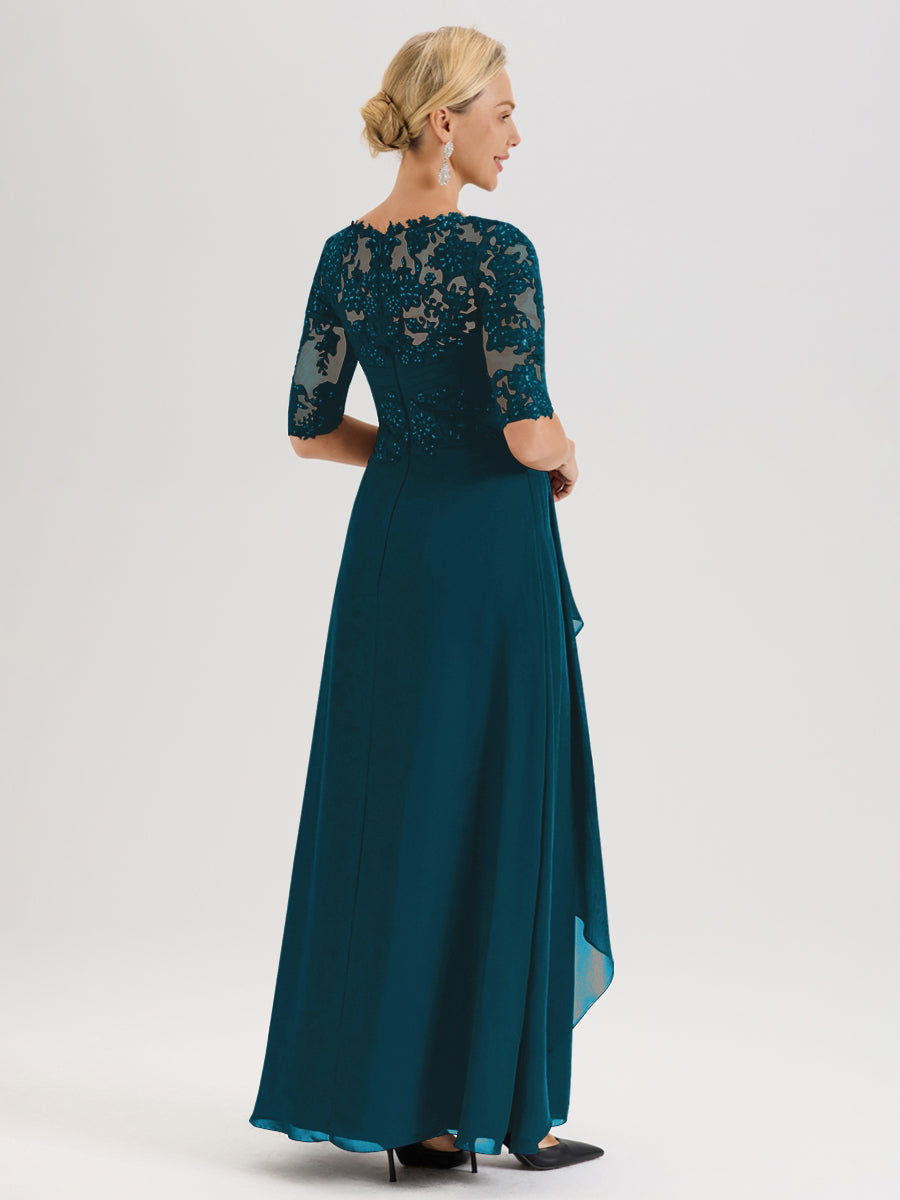 Cicinia Bleu Encre Robe Mère De La Mariée Col Ras Du Cou À Demi-Manches Trapèze En Mousseline Et Dentelle Longueur Au Sol