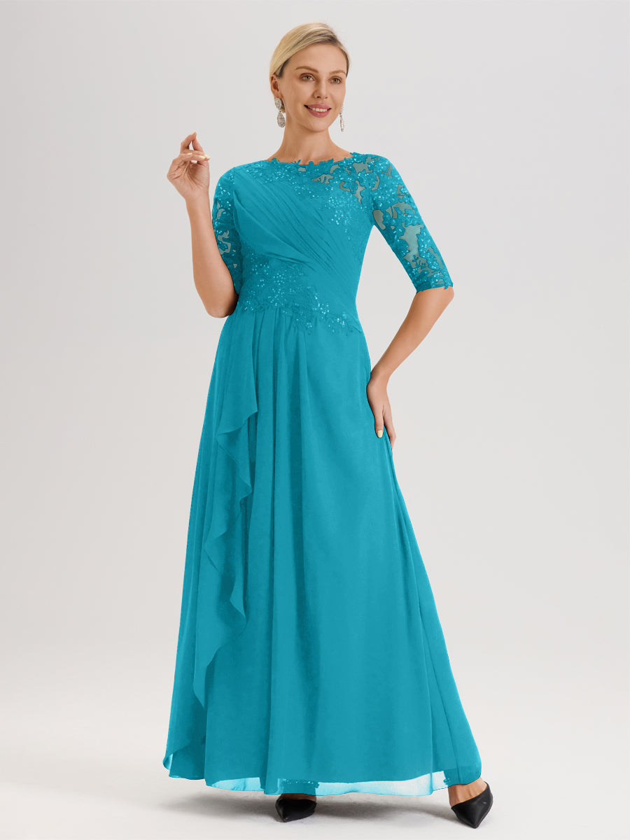 Cicinia Jade Robe Mère De La Mariée Col Ras Du Cou À Demi-Manches Trapèze En Mousseline Et Dentelle Longueur Au Sol