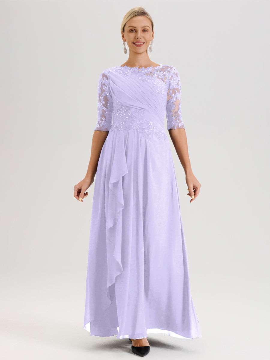 Cicinia Lilas Robe Mère De La Mariée Col Ras Du Cou À Demi-Manches Trapèze En Mousseline Et Dentelle Longueur Au Sol