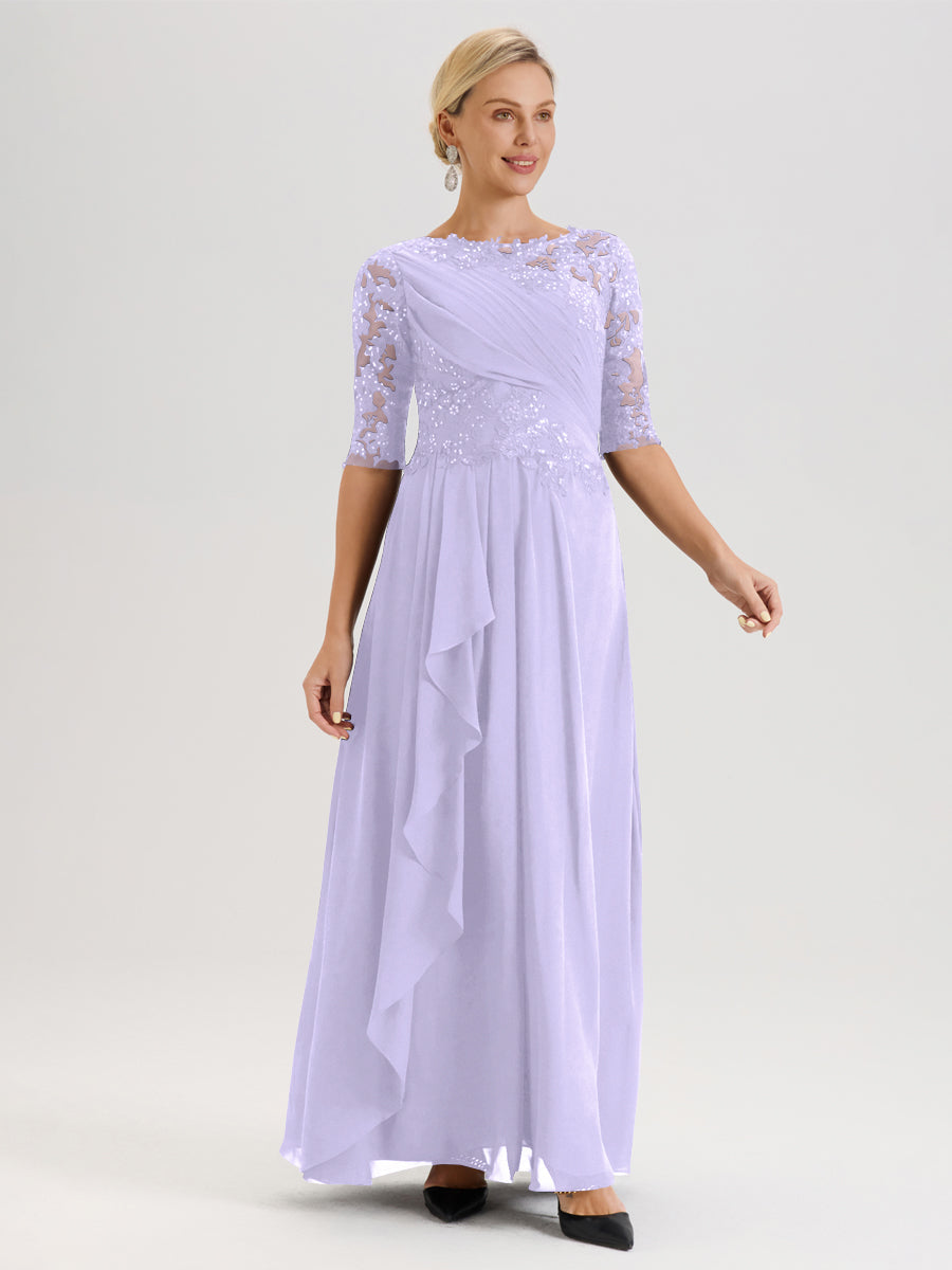 Cicinia Lilas Robe Mère De La Mariée Col Ras Du Cou À Demi-Manches Trapèze En Mousseline Et Dentelle Longueur Au Sol