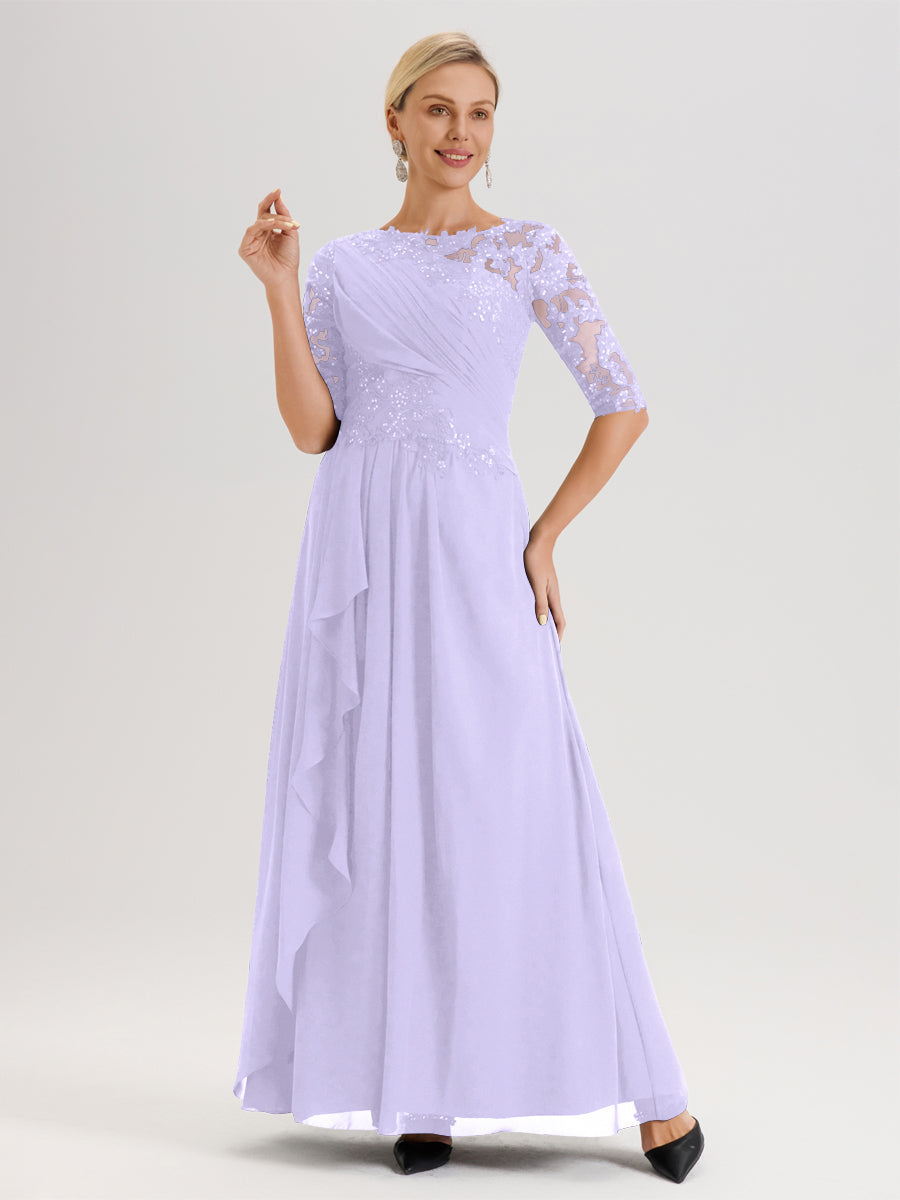 Cicinia Lilas Robe Mère De La Mariée Col Ras Du Cou À Demi-Manches Trapèze En Mousseline Et Dentelle Longueur Au Sol