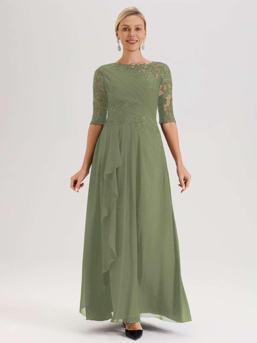 Cicinia Vert Olive Robe Mère De La Mariée Col Ras Du Cou À Demi-Manches Trapèze En Mousseline Et Dentelle Longueur Au Sol