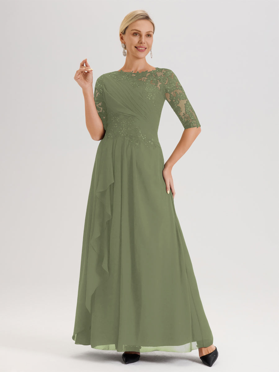 Cicinia Vert Olive Robe Mère De La Mariée Col Ras Du Cou À Demi-Manches Trapèze En Mousseline Et Dentelle Longueur Au Sol