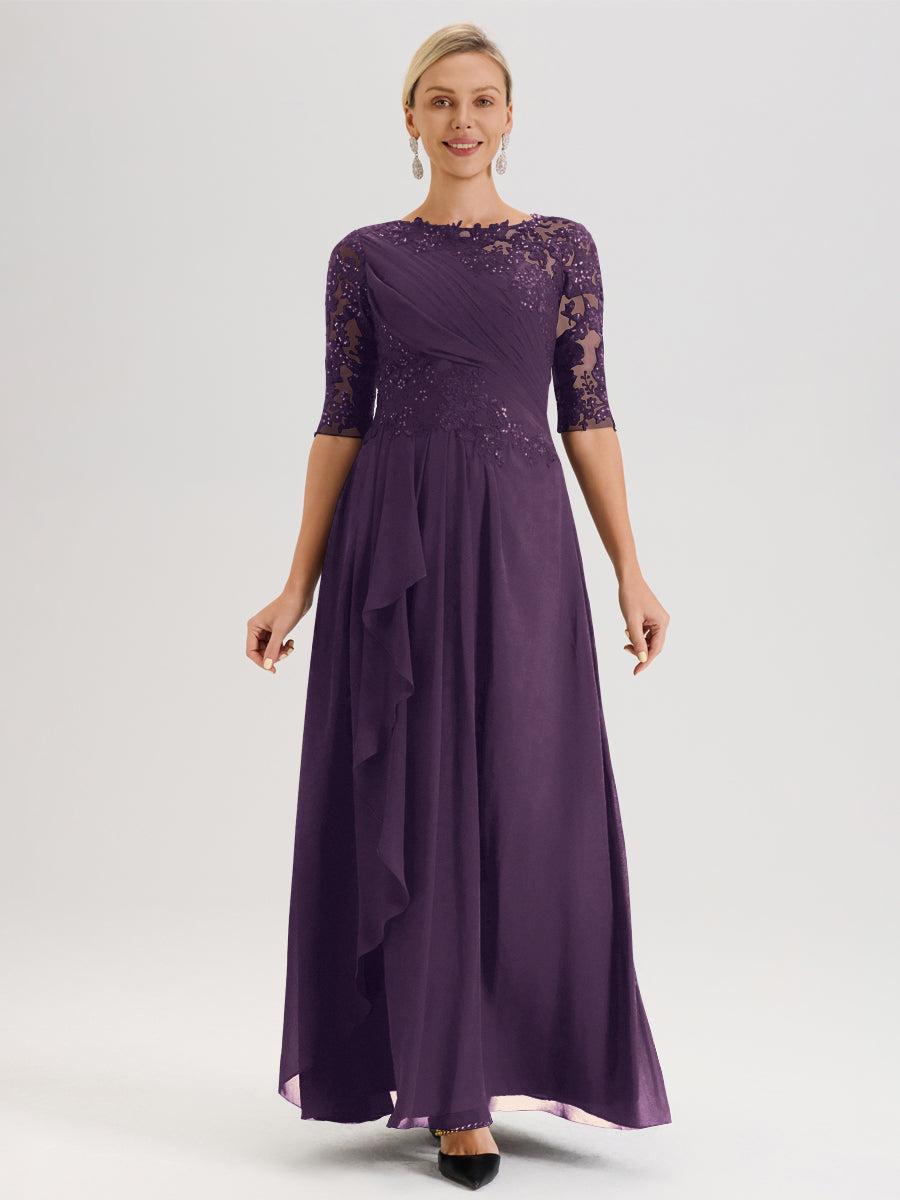Cicinia Plum Robe Mère De La Mariée Col Ras Du Cou À Demi-Manches Trapèze En Mousseline Et Dentelle Longueur Au Sol