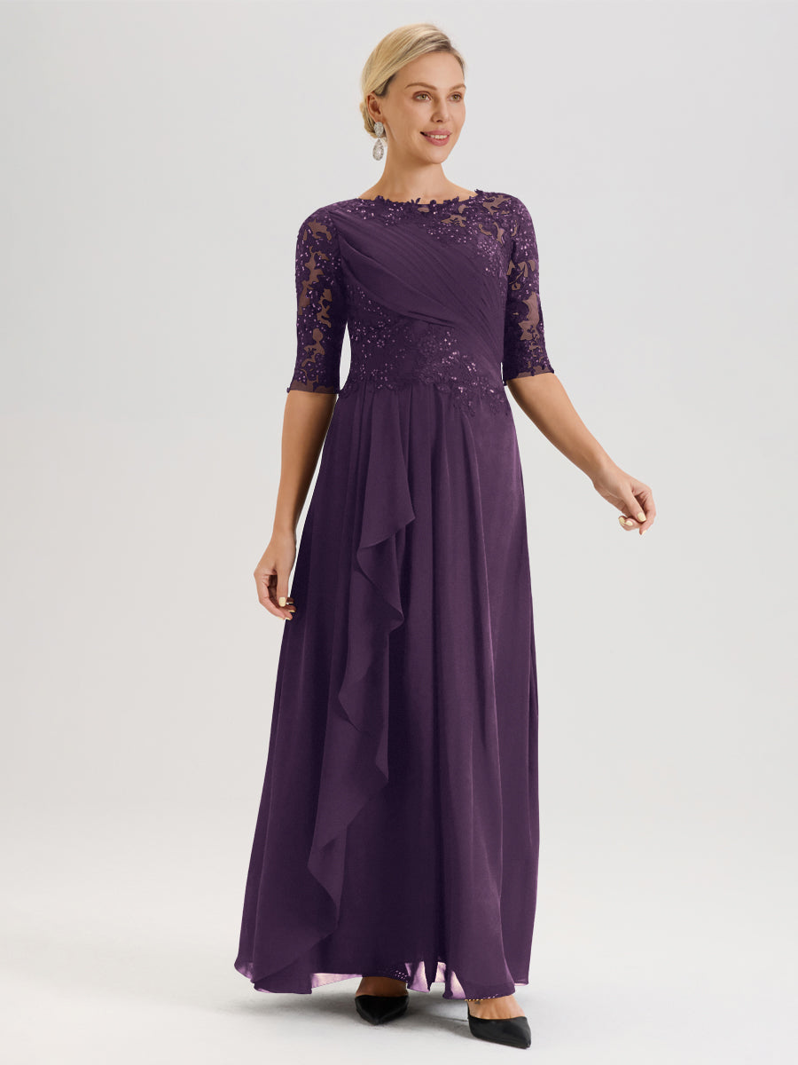 Cicinia Plum Robe Mère De La Mariée Col Ras Du Cou À Demi-Manches Trapèze En Mousseline Et Dentelle Longueur Au Sol