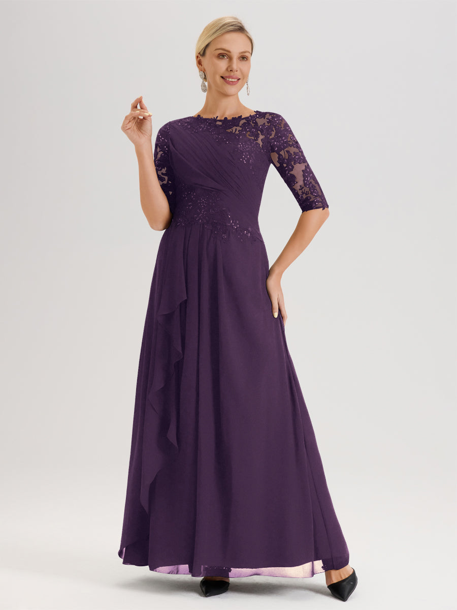 Cicinia Plum Robe Mère De La Mariée Col Ras Du Cou À Demi-Manches Trapèze En Mousseline Et Dentelle Longueur Au Sol
