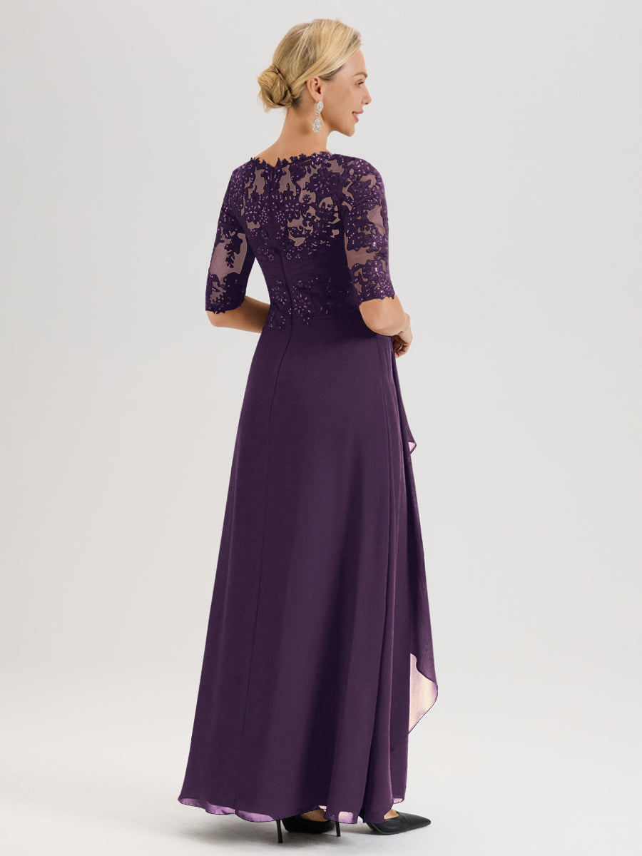 Cicinia Plum Robe Mère De La Mariée Col Ras Du Cou À Demi-Manches Trapèze En Mousseline Et Dentelle Longueur Au Sol