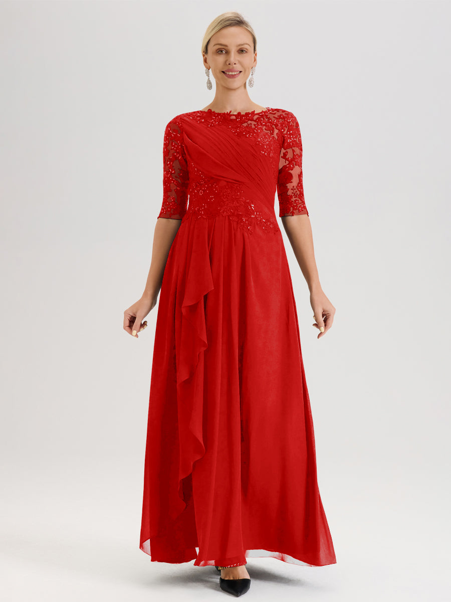 Cicinia Rouge Robe Mère De La Mariée Col Ras Du Cou À Demi-Manches Trapèze En Mousseline Et Dentelle Longueur Au Sol
