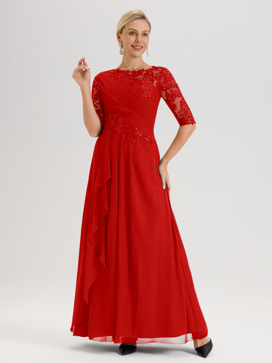 Cicinia Rouge Robe Mère De La Mariée Col Ras Du Cou À Demi-Manches Trapèze En Mousseline Et Dentelle Longueur Au Sol