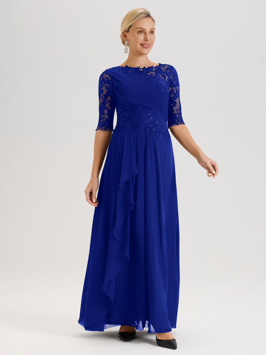 Cicinia Bleu Royale Robe Mère De La Mariée Col Ras Du Cou À Demi-Manches Trapèze En Mousseline Et Dentelle Longueur Au Sol
