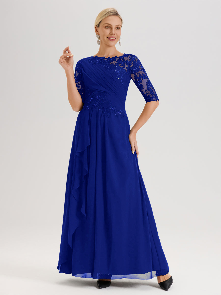 Cicinia Bleu Royale Robe Mère De La Mariée Col Ras Du Cou À Demi-Manches Trapèze En Mousseline Et Dentelle Longueur Au Sol
