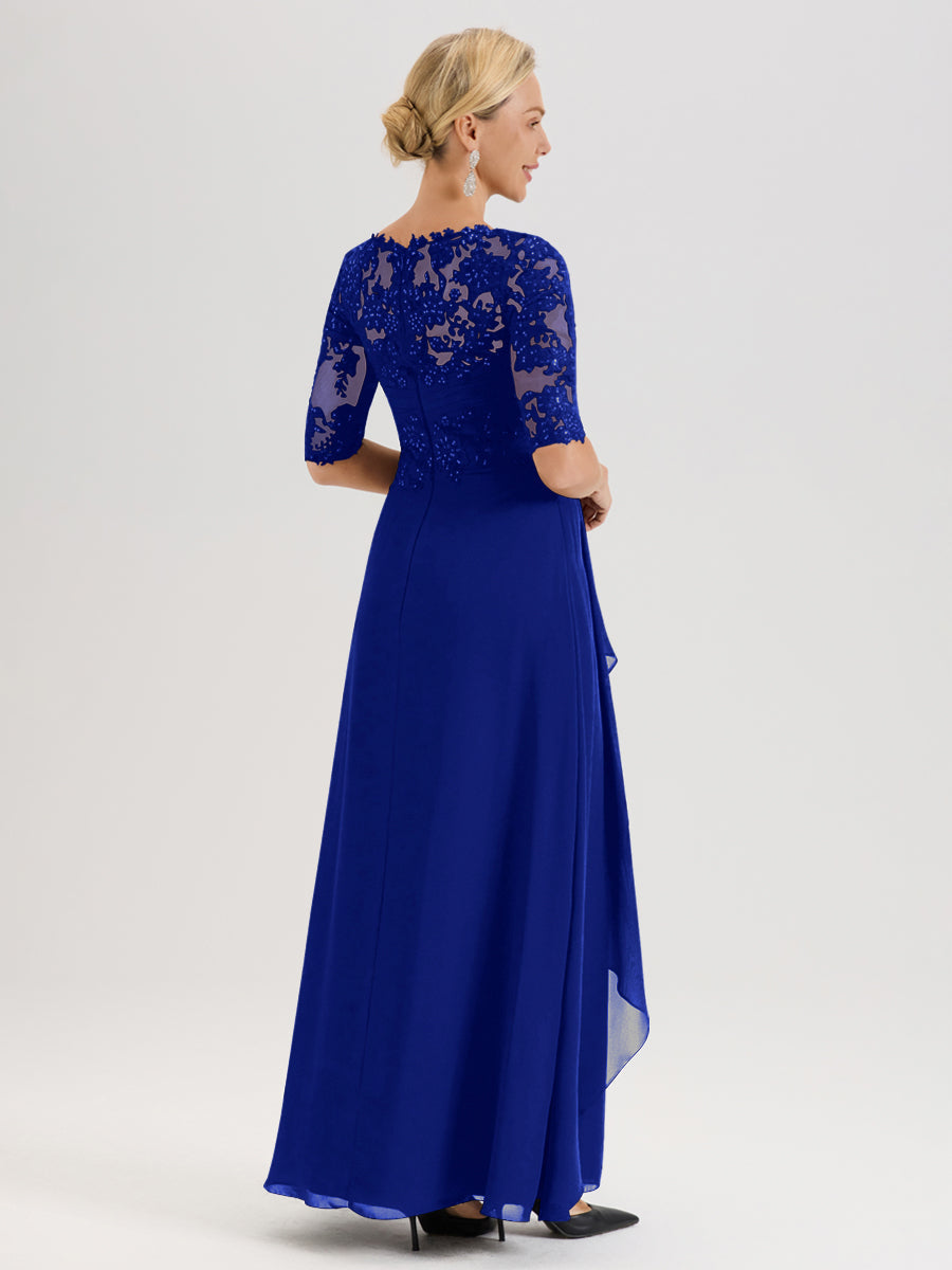 Cicinia Bleu Royale Robe Mère De La Mariée Col Ras Du Cou À Demi-Manches Trapèze En Mousseline Et Dentelle Longueur Au Sol