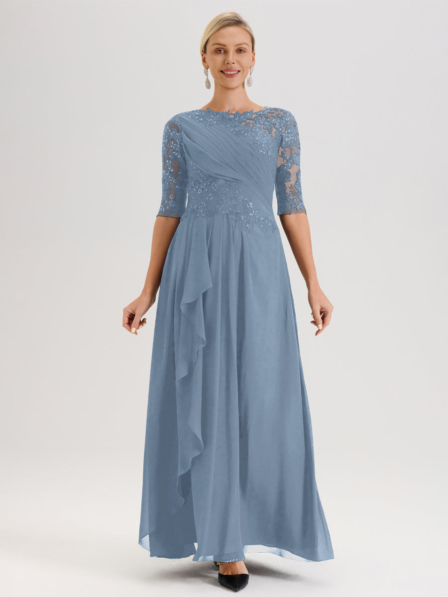 Cicinia Bleu De Schiste Robe Mère De La Mariée Col Ras Du Cou À Demi-Manches Trapèze En Mousseline Et Dentelle Longueur Au Sol
