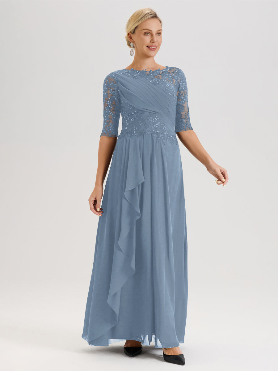 Cicinia Bleu De Schiste Robe Mère De La Mariée Col Ras Du Cou À Demi-Manches Trapèze En Mousseline Et Dentelle Longueur Au Sol