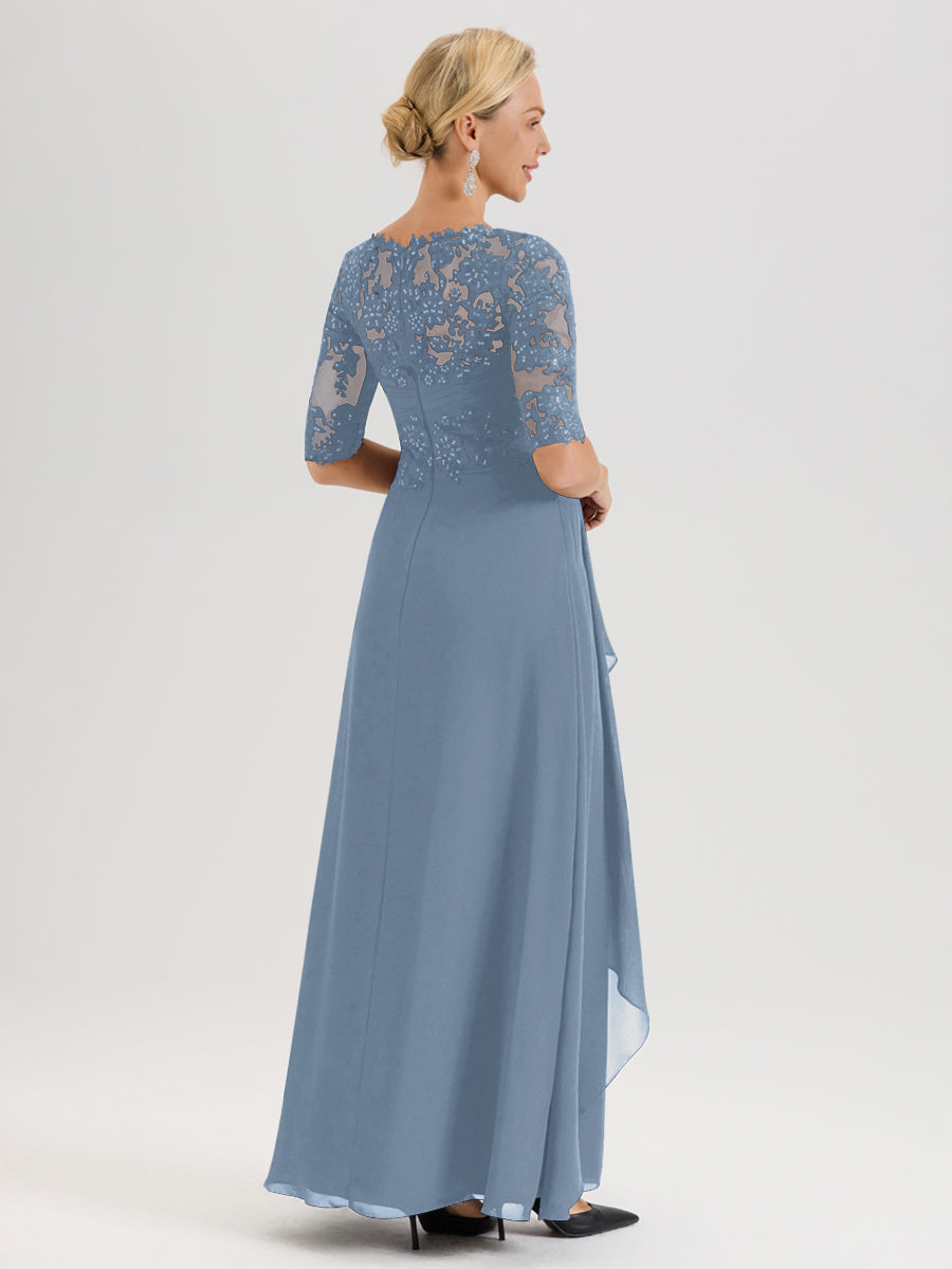 Cicinia Bleu De Schiste Robe Mère De La Mariée Col Ras Du Cou À Demi-Manches Trapèze En Mousseline Et Dentelle Longueur Au Sol