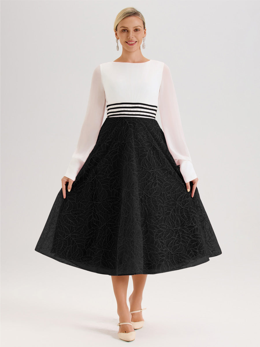 Cicinia Noir Robe Tendance Mère De La Mariée Col Ras Du Cou Manches Longues À Contraste En Mousseline Et Dentelle Longueur Mi-Mollet