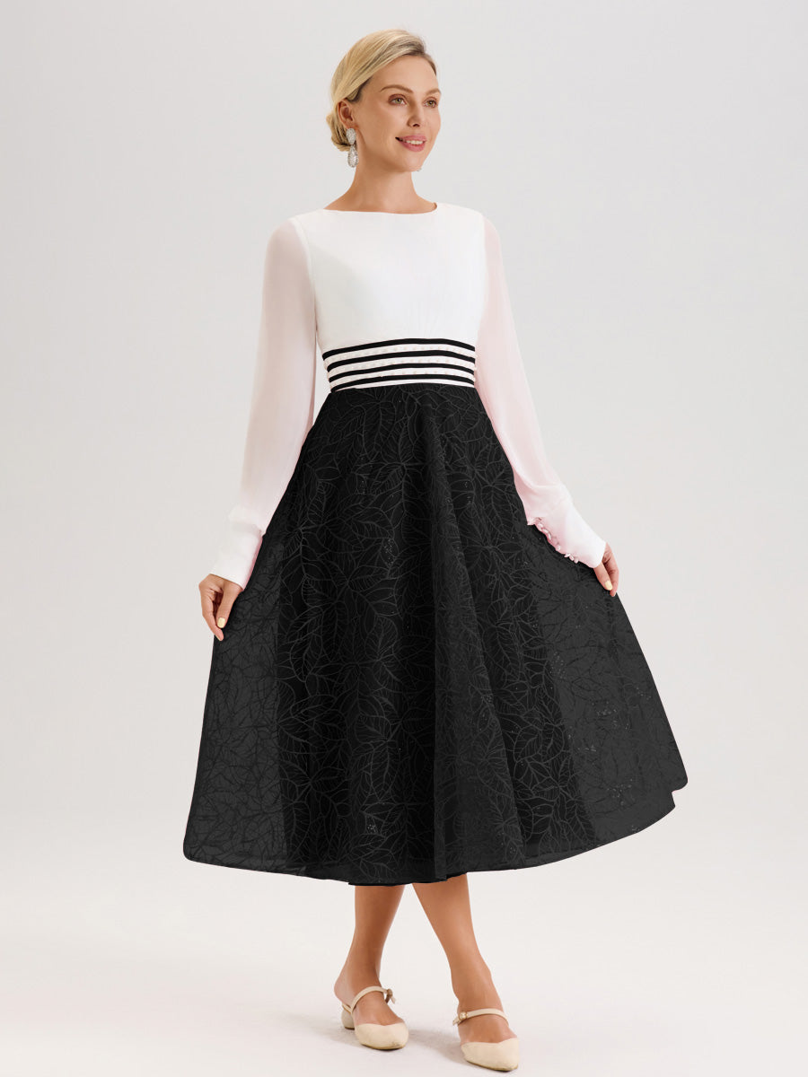 Cicinia Noir Robe Tendance Mère De La Mariée Col Ras Du Cou Manches Longues À Contraste En Mousseline Et Dentelle Longueur Mi-Mollet
