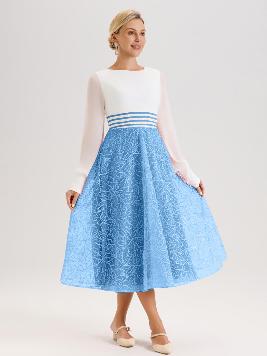 Cicinia Bleu Robe Tendance Mère De La Mariée Col Ras Du Cou Manches Longues À Contraste En Mousseline Et Dentelle Longueur Mi-Mollet
