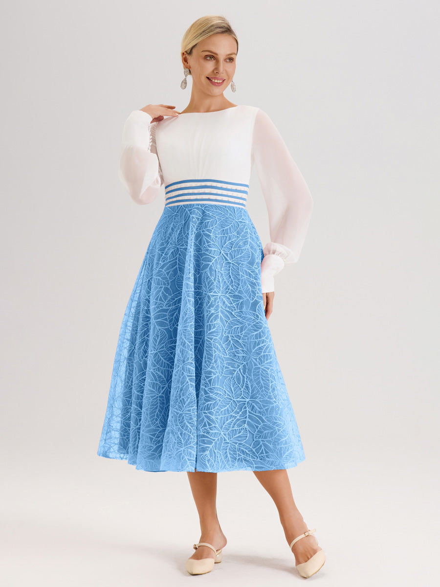 Cicinia Bleu Robe Tendance Mère De La Mariée Col Ras Du Cou Manches Longues À Contraste En Mousseline Et Dentelle Longueur Mi-Mollet
