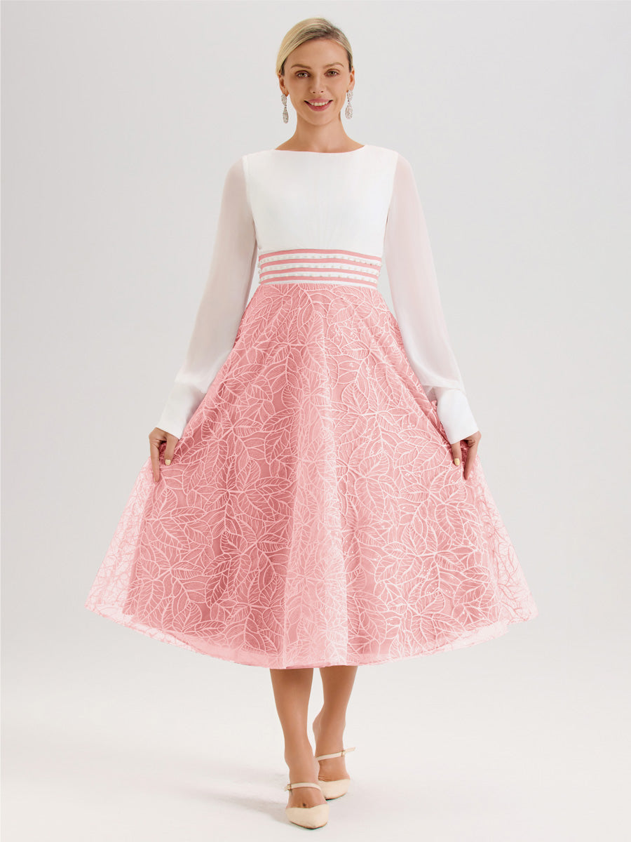 Cicinia Rose Robe Tendance Mère De La Mariée Col Ras Du Cou Manches Longues À Contraste En Mousseline Et Dentelle Longueur Mi-Mollet