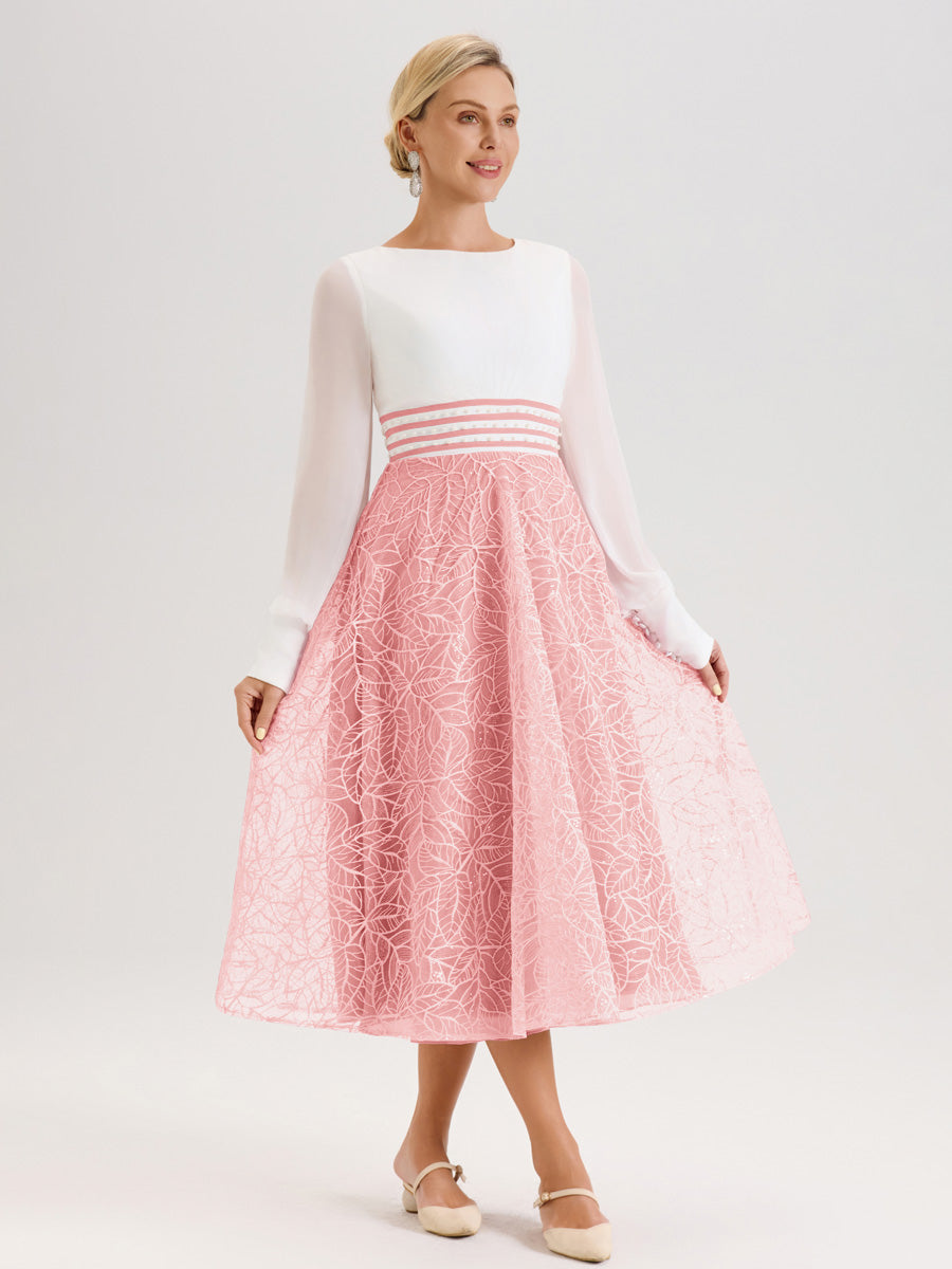 Cicinia Rose Robe Tendance Mère De La Mariée Col Ras Du Cou Manches Longues À Contraste En Mousseline Et Dentelle Longueur Mi-Mollet