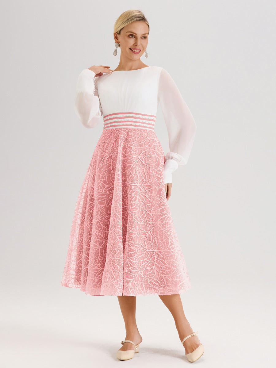 Cicinia Rose Robe Tendance Mère De La Mariée Col Ras Du Cou Manches Longues À Contraste En Mousseline Et Dentelle Longueur Mi-Mollet