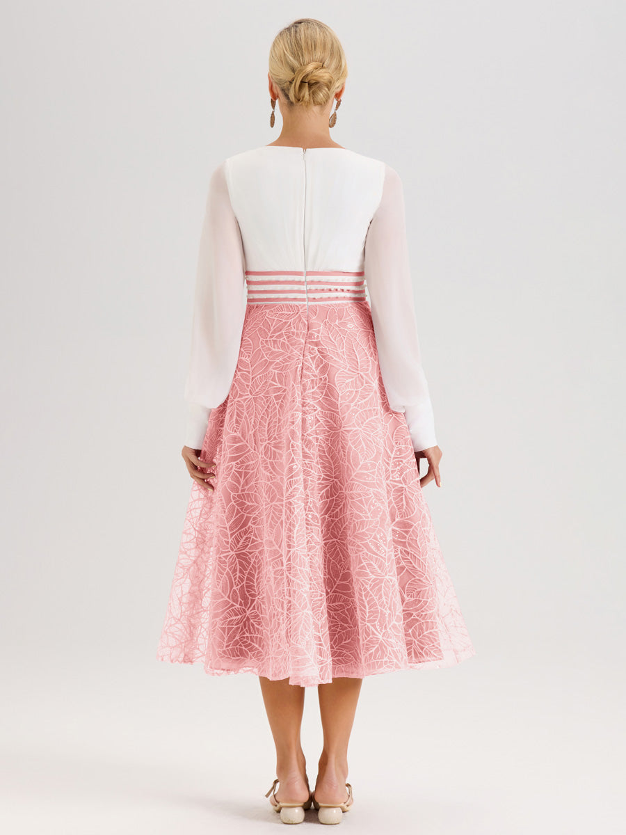 Cicinia Rose Robe Tendance Mère De La Mariée Col Ras Du Cou Manches Longues À Contraste En Mousseline Et Dentelle Longueur Mi-Mollet