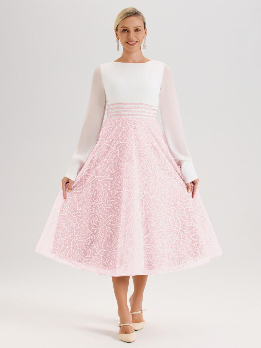 Cicinia Rose Pâle Robe Tendance Mère De La Mariée Col Ras Du Cou Manches Longues À Contraste En Mousseline Et Dentelle Longueur Mi-Mollet