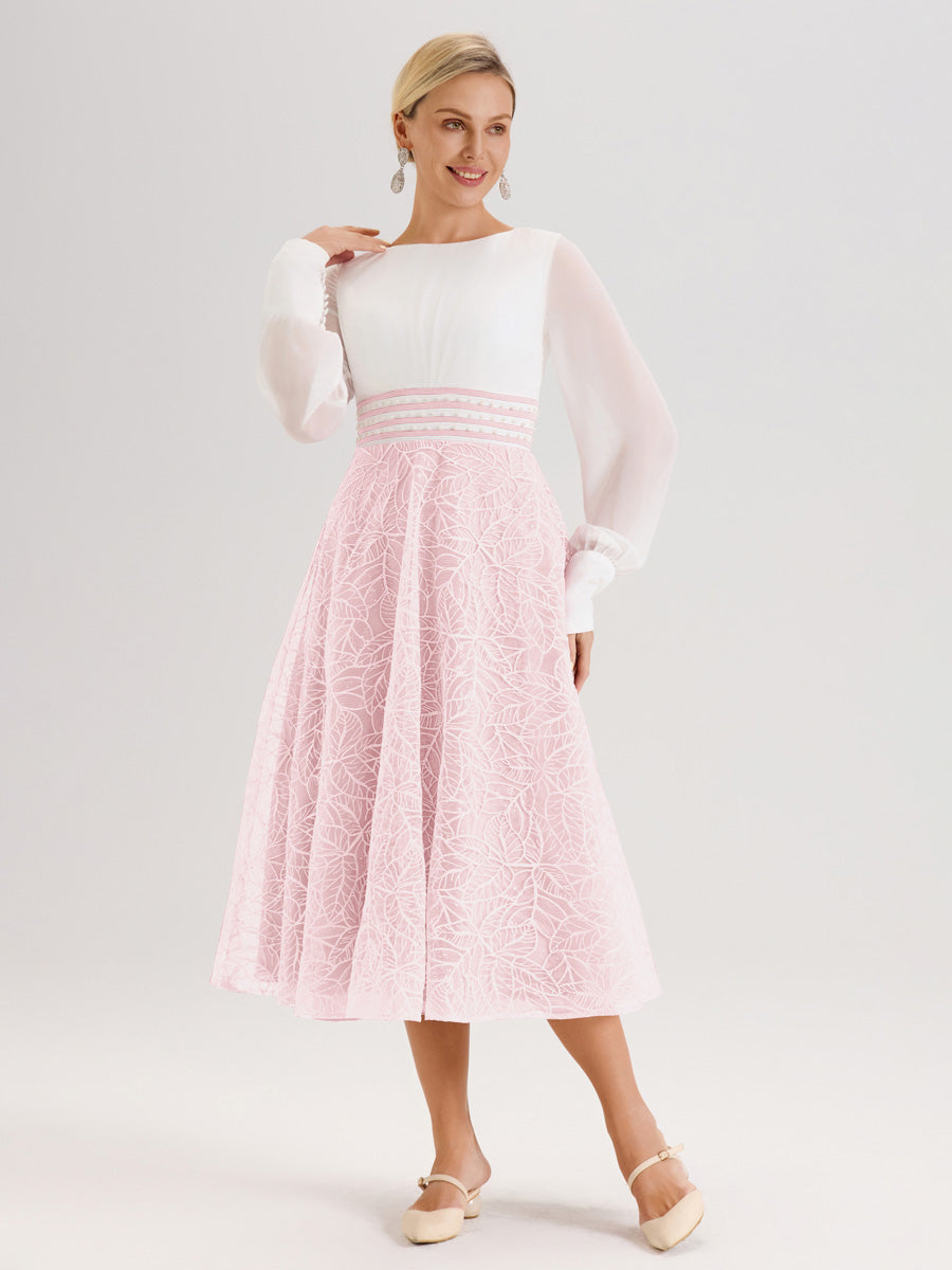 Cicinia Rose Pâle Robe Tendance Mère De La Mariée Col Ras Du Cou Manches Longues À Contraste En Mousseline Et Dentelle Longueur Mi-Mollet