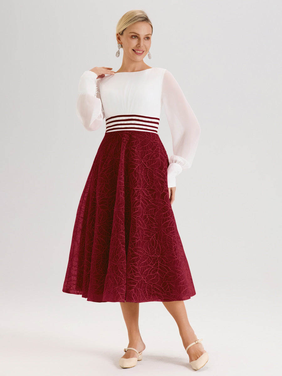 Cicinia Bordeaux Robe Tendance Mère De La Mariée Col Ras Du Cou Manches Longues À Contraste En Mousseline Et Dentelle Longueur Mi-Mollet