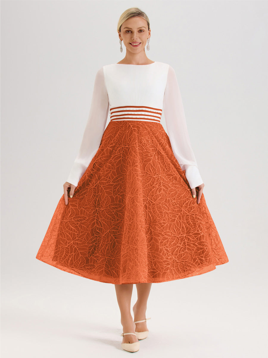 Cicinia Orange Brûlé Robe Tendance Mère De La Mariée Col Ras Du Cou Manches Longues À Contraste En Mousseline Et Dentelle Longueur Mi-Mollet