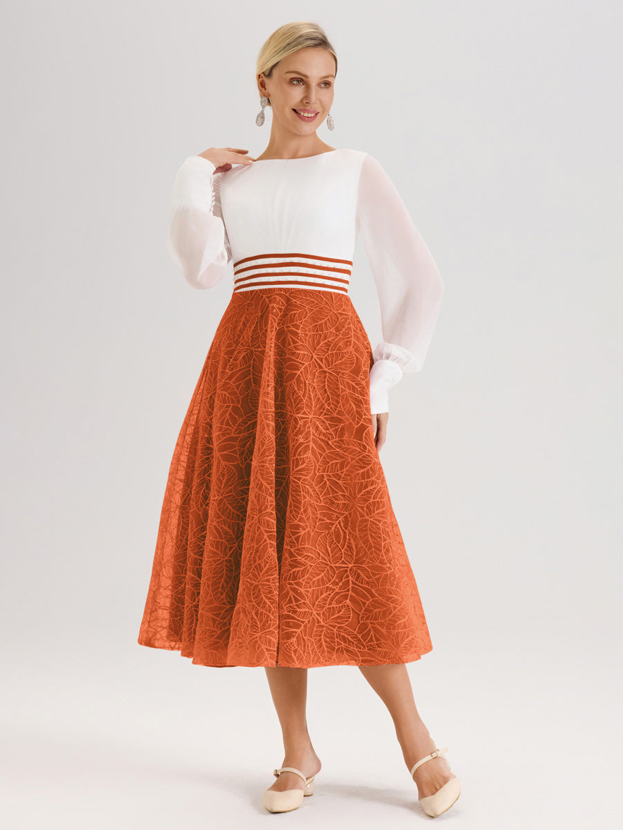 Cicinia Orange Brûlé Robe Tendance Mère De La Mariée Col Ras Du Cou Manches Longues À Contraste En Mousseline Et Dentelle Longueur Mi-Mollet