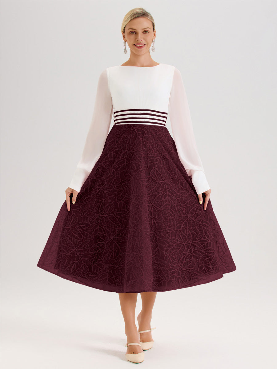 Cicinia Cabernet Robe Tendance Mère De La Mariée Col Ras Du Cou Manches Longues À Contraste En Mousseline Et Dentelle Longueur Mi-Mollet