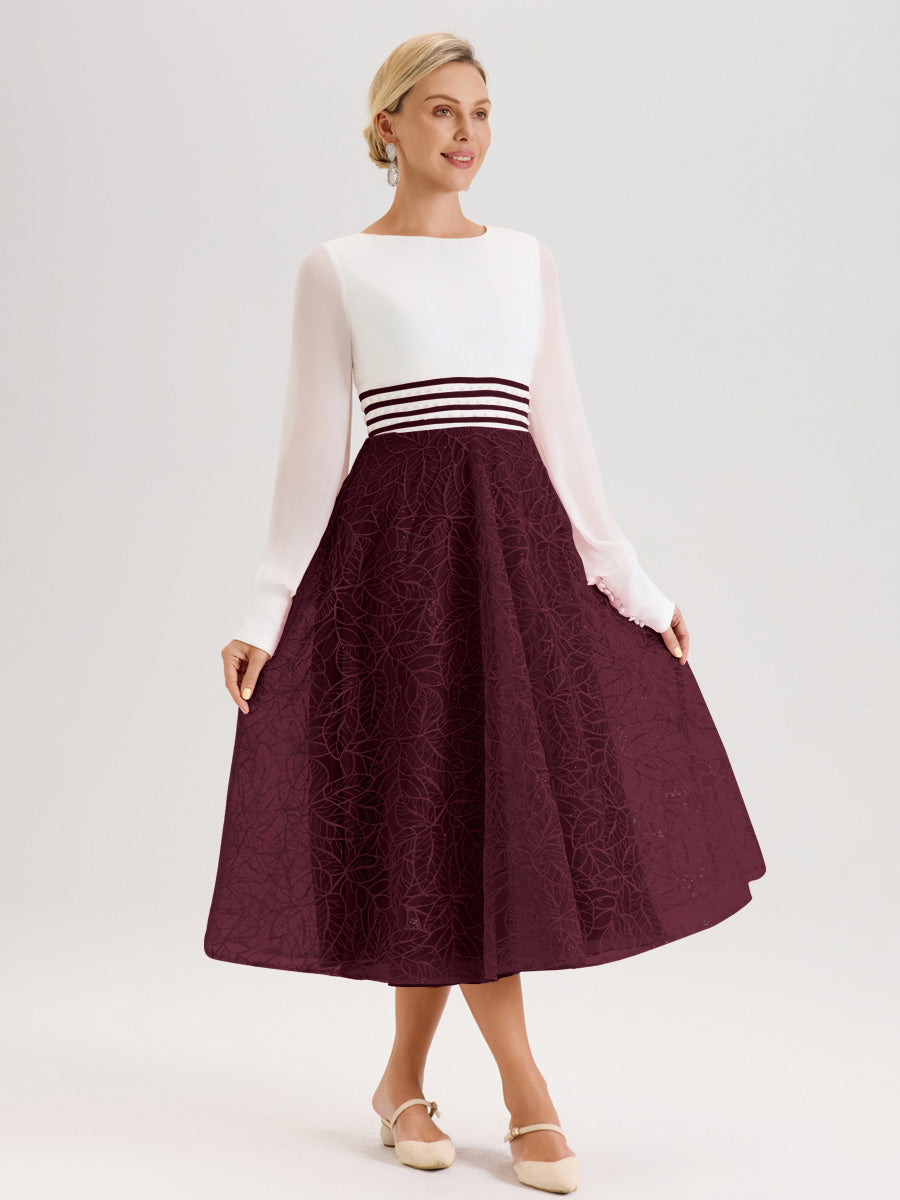 Cicinia Cabernet Robe Tendance Mère De La Mariée Col Ras Du Cou Manches Longues À Contraste En Mousseline Et Dentelle Longueur Mi-Mollet