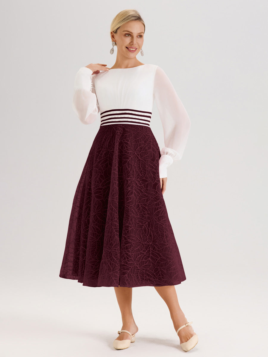 Cicinia Cabernet Robe Tendance Mère De La Mariée Col Ras Du Cou Manches Longues À Contraste En Mousseline Et Dentelle Longueur Mi-Mollet
